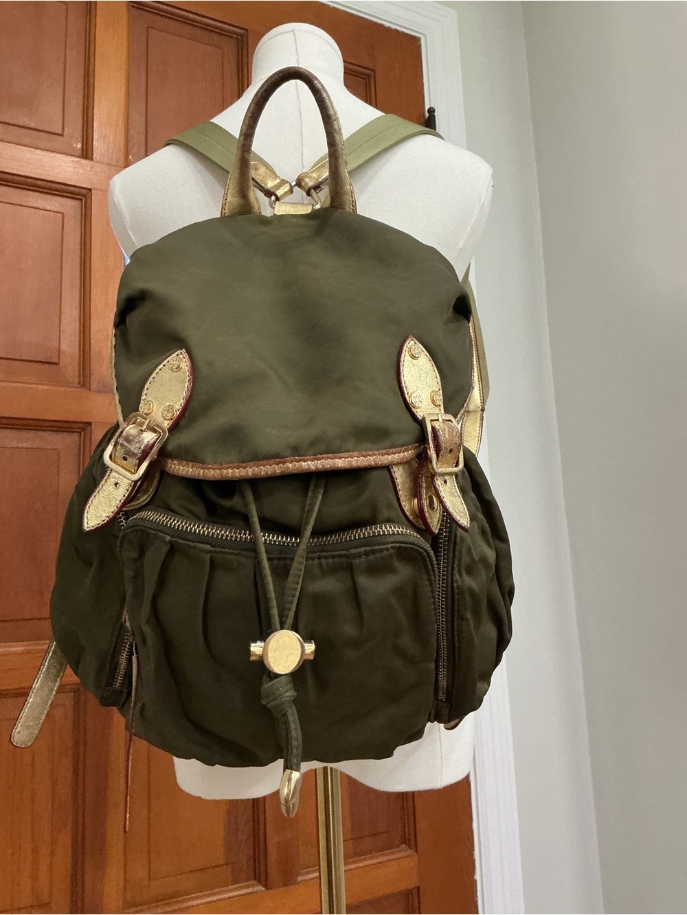 MZ Wallace Marlena Olive Green Nylon Backpack with Gold Leather Trim